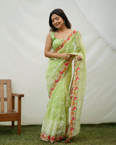 Ethereal Lime Green thread Worked pure organza saree